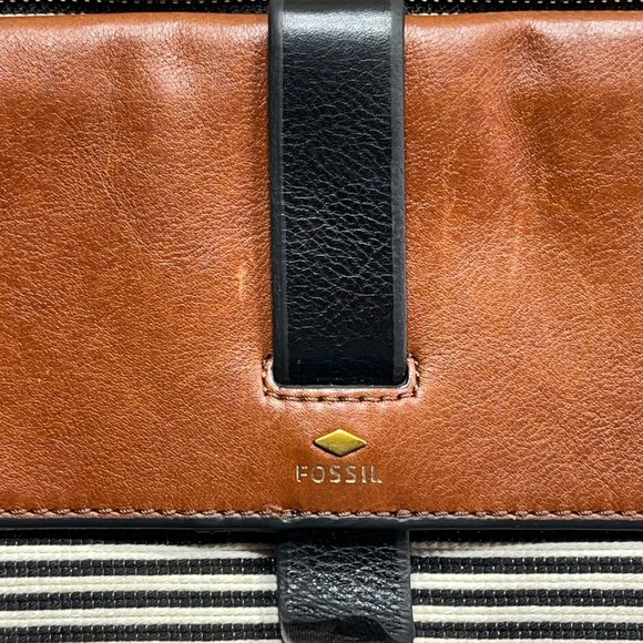 Fossil Striped Canvas Leather Crossbody Bag Tan Black Key Charm Shoulder Bag - Picture 2 of 13